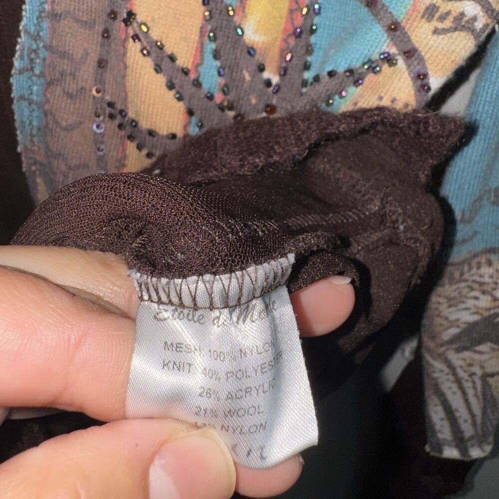 Rare Etoile Du Monde Brown Semi-Sheer Patchwork Sweater Boho Celestial Art - Picture 5 of 9
